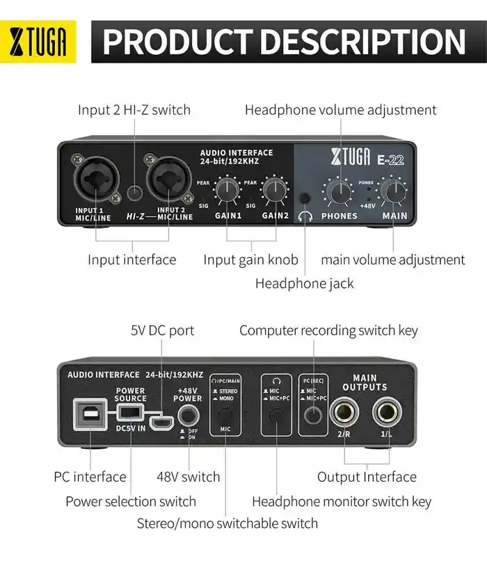 XTUGA E22 Audio Interface Sound Card with Monitoring,Electric Guitar Live Recording Professional Sound Card For Studio